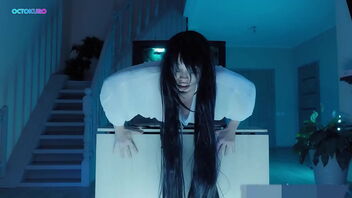 Sadako’s large butt is stuck in the TV and she wants to get it out.