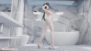 3 dimensional animated nude dance in the fashion of TikTok with Azur Lane's Zhenhai lady