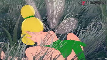 Tinker Bell and other fairies in a cosplay threesome scene in a full-length animated porno movie.