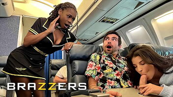 Lucky gets to have sex with flight attendant Hazel Grace in private and then they are joined by another woman for a threesome.