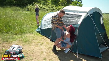 Ginger-haired gets fucked in the ass by her friend’s fiancé in a missionary posture on a camping trip.