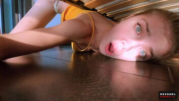 Step sis gets rescued from under the sofa by her bro in this homemade video.