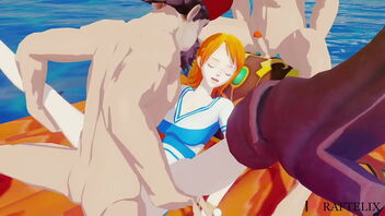 Three dimensional animated parody of One Piece with Nami in a gangbang